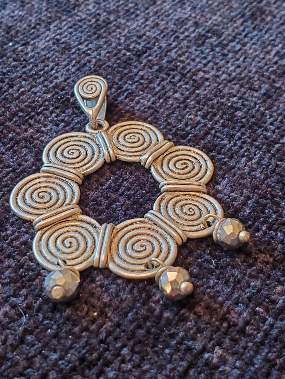 Spiral Circle Silver Pewter Pendant with Dangle Beads